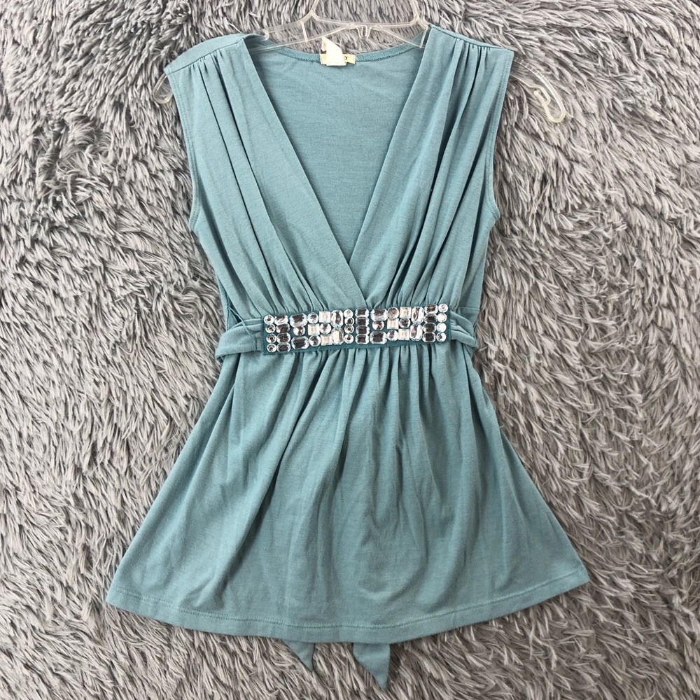 Studio Y Blouse Womens Small Sleeveless Vneck Jeweled Waist Tie Back Top